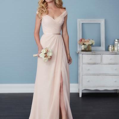 Gorgeous Champagne Chiffon Bridesmaid Dress,Off The Shoulder Bridesmaid Dress,V-Neck Prom Dress,Floor Length Dress