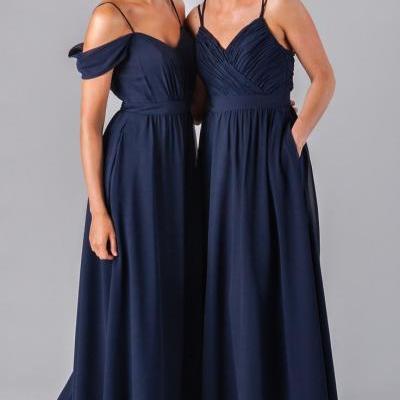 2018 Navy Blue Chiffon Bridesmaid Dress,Spaghetti Straps Bridesmaid Dress,Customize Floor Length Bridesmaid Dress