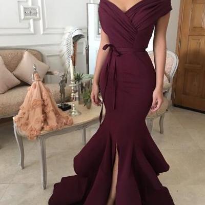 2018 New Maroon Prom Dress,Off The Shoulder Party Dress,Side Slit Mermaid Evening Dress
