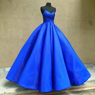 Royal Blue Ball Gown,Blue Prom Dress,Spoaghetti Straps Evening Dress,V-Neck Party Gown