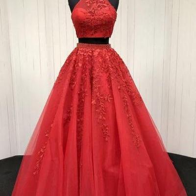 Red two pieces prom dress,tulle lace applique evening dress,long prom dress, red evening dress,appliques party dress,beaded evening dress