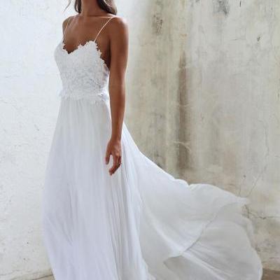 2018 Popular White Wedding Dress,Spaghetti Straps Bridal Dress,Beach Wedding Dress,Chiffon Lace Elegant Bridal Dress