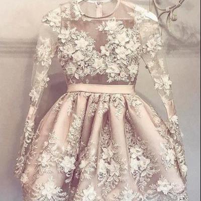 A-Line Homecoming Dresses,Round Neck Homecoming Dresses,Short Homecoming Dresses,Light Champagne Homecoming Dresses,Appliques Homecoming Dresses,Long Sleeves Homecoming Dresse