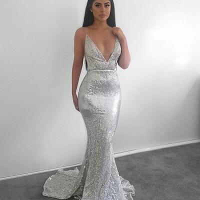 modest silver mermaid sequined prom dresses, simple deep v neck backless party dresses, unique spaghetti straps evening gowns