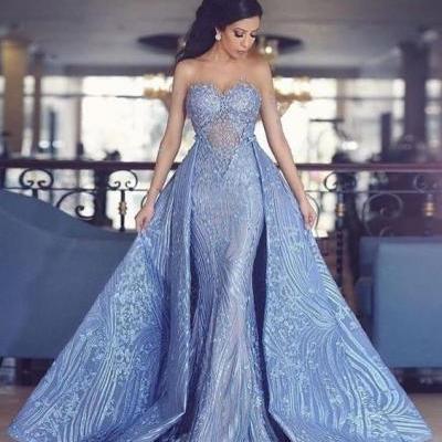elegant sweetheart mermaid prom dress with detachable train, fashion mermaid sweetheart blue party dress with detachable train