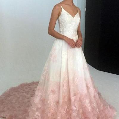 Stunning White&Pink Long Prom Dress,Spaghetti Straps A-Line Evening Dress,Flowers Appliques Party Gown