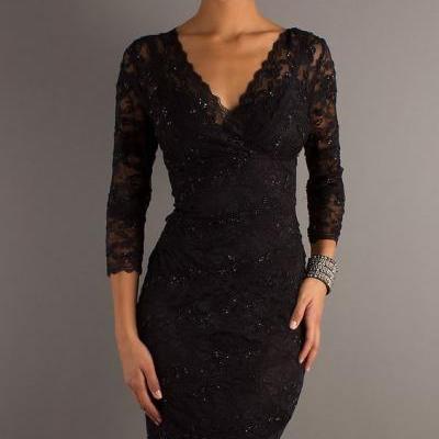 Bodycon High Neck shining Long Lace Sleeves Cut Out Front Little Black Dress