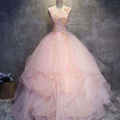 Ball Gown pink o-neck quinceanera Open Back Champagne appliques Tulle Ruffle Quinceanera Prom Dress