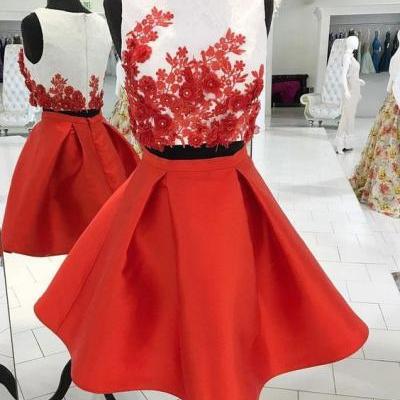  Red Two Piece Homecoming Dresses,Cute Appliqued Satin Homecoming Gown,Short Prom Dress,