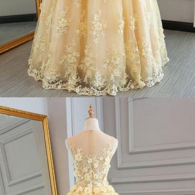 Yellow tulle lace prom dress, ball gown, prom dresses