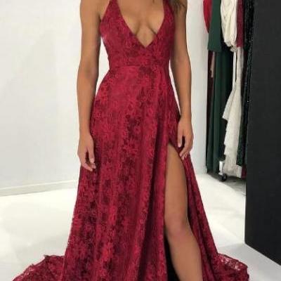 Sexy, Halter, Wine Red, Lace ,Long, Formal,High slit,Sexy,Deep V neck, Spaghetti straps ,Evening Dress ,2018 new fashion ,Prom Dress