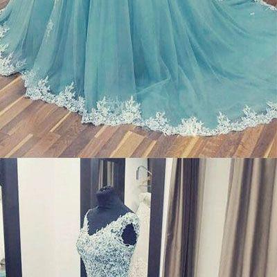 Beautiful ,A-Line, V-Neck, Cap Sleeves ,Blue Tulle, Long Prom Dress with Appliques ,Formal Evening Gown , Customize Made ,2018 new fashion ,Prom Dress
