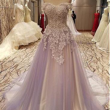 Modest Tulle ,Off-the-shoulder Neckline, A-line Prom Dresses With Lace Appliques , Handmade Flowers, Elegant Evening Dress, Prom Dresses 2018,New Fashion,Custom Made