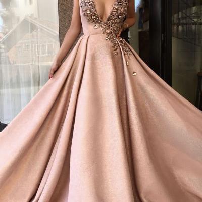 Hot V Neck Prom Dresses,Sweep Train Evening Gown,Sexy Formal Dress,Beaded Prom Dresses,Sexy Party Dress,Custom Made Evening Dress