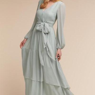Fabulous Long Sleeves Prom Dress ,Billowing sleeves, V Neck, Tiered skirt ,Flowy chiffon dress,Floor Length , Customize Made 