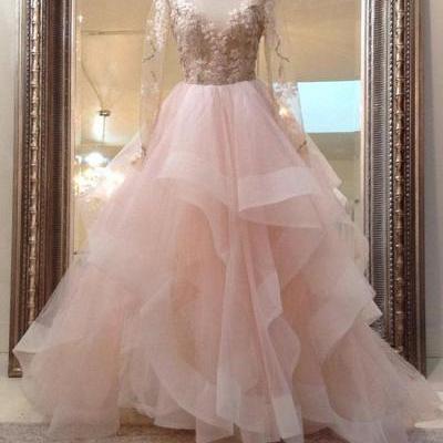 UNIQUE CHAMPAGNE PINK TULLE LACE LONG PROM DRESS, PINK EVENING DRESS