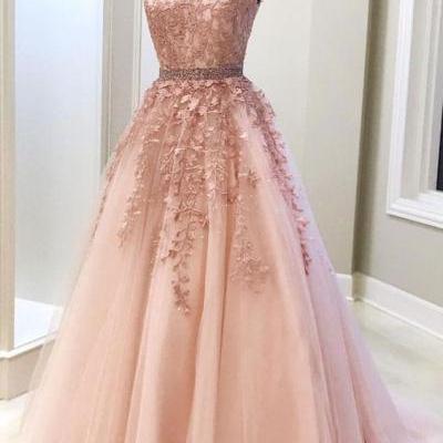  Pink v neck tulle lace long prom dress, pink evening dress appliques party dress chiffon prom dress