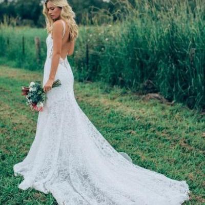  Lace wedding Spaghetti Straps Wedding Dresses Mermaid wedding dress backless trailing wedding dress