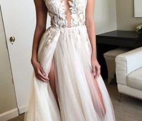 Low V Neck Halter Appliques Pleated High Side Slit and Train Prom Dress WU1245 main image 1