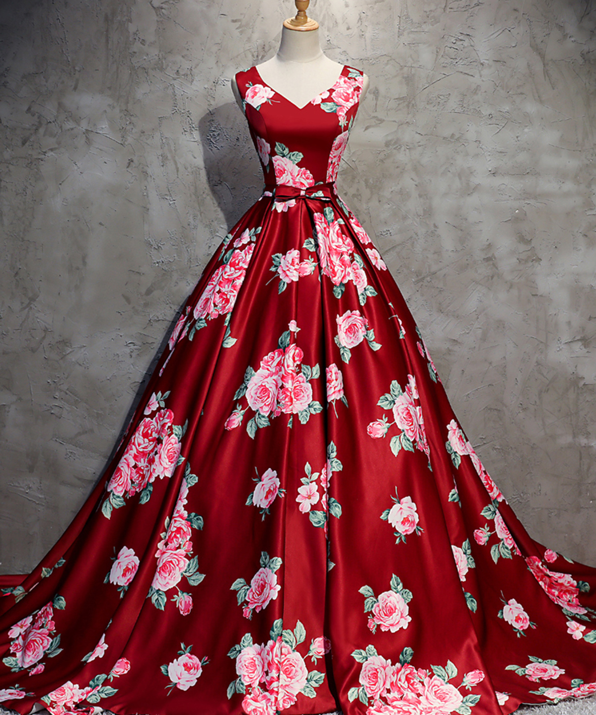 red satin floral dress