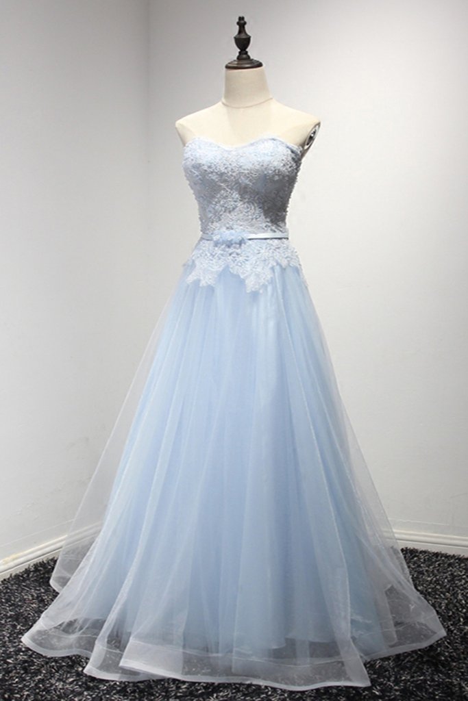 baby blue strapless prom dress