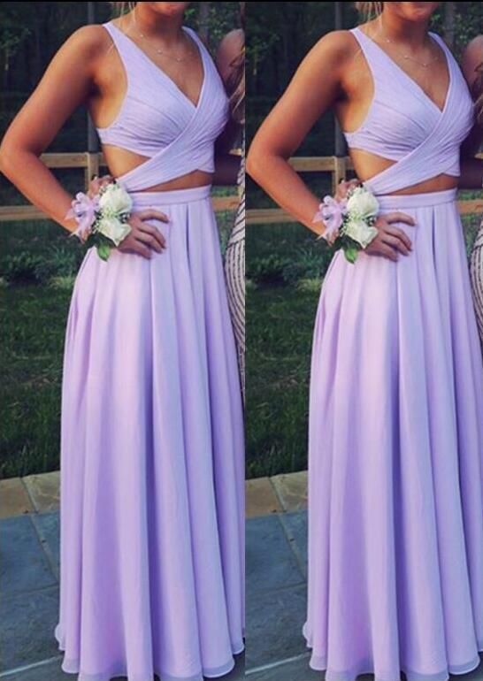 Pretty Lavender Chiffon, Two Piece Prom Dresses 2018, Long 