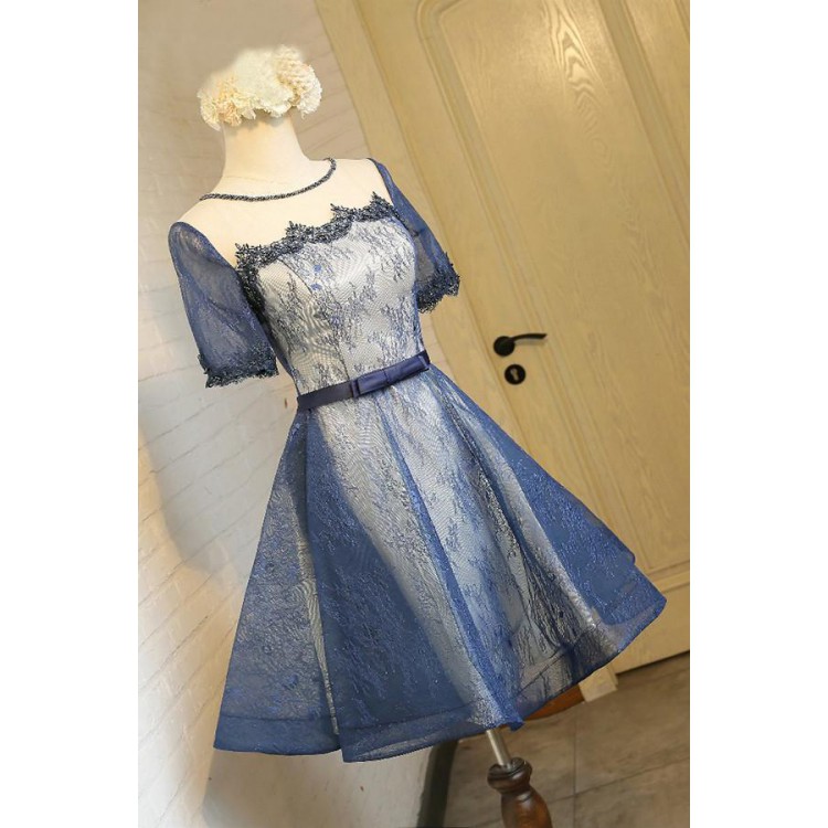 blue lace knee length dress