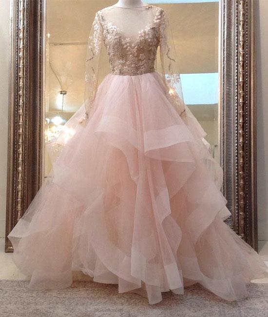 Unique Champagne Pink Tulle Lace Long Prom Dress Evening Unique Champagne Pink Tulle Lace Long Prom Dress Evening