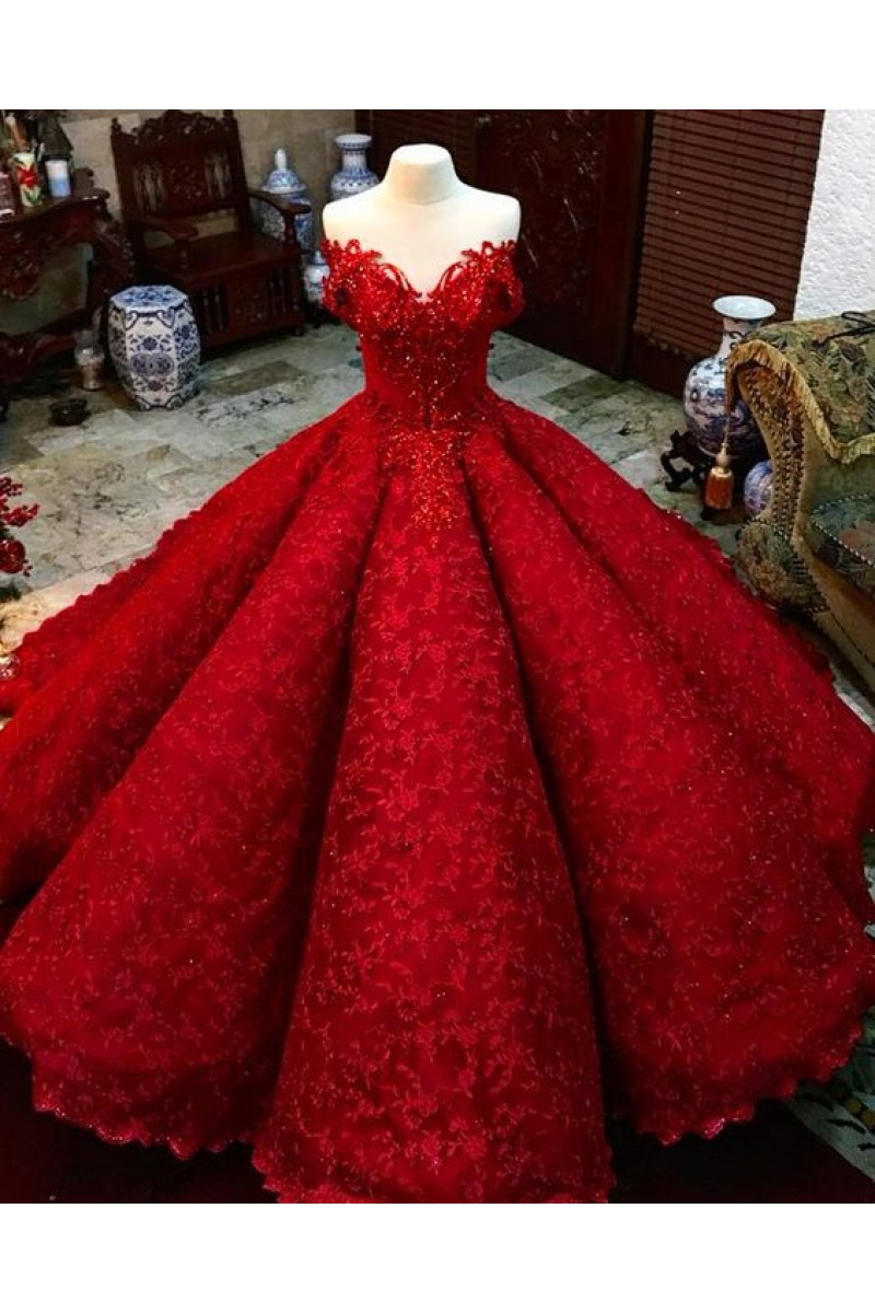 red lace quinceanera dress