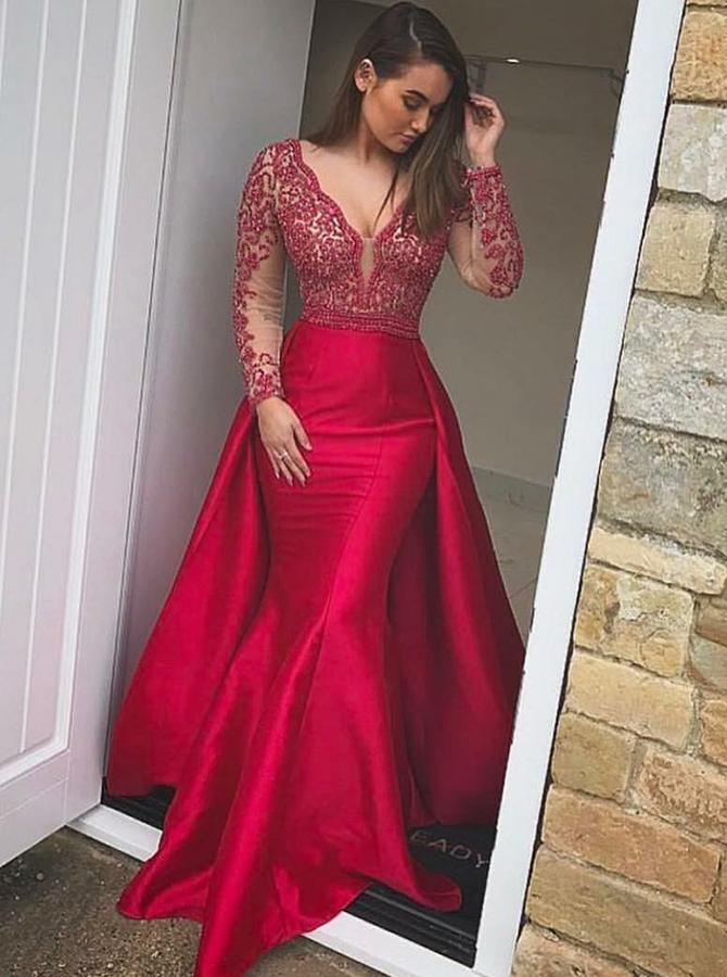 red long sleeve evening gown