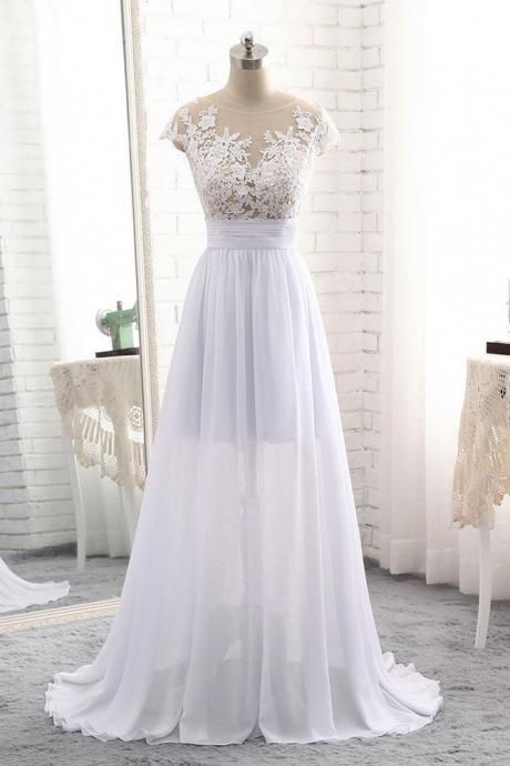 White Round Neck Lace Long Prom Dress, White Evening Dress, White Wedding Dress, Wedding Dress,custom Made