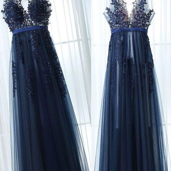Charming Dark Blue Prom Dress,Floor Length Evening Dress,Sleeveless ...