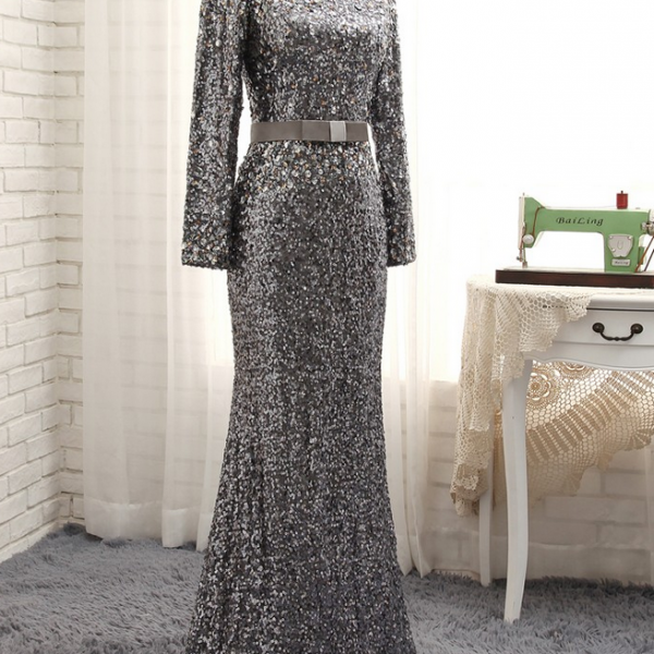 grey long sleeve evening gowns