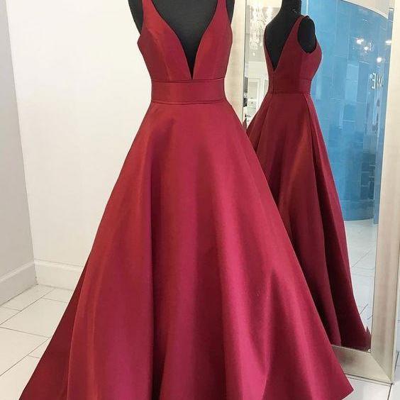 Simple V-neck Prom Dress, Satin Long Prom Dress,dark Red Party Dress on ...