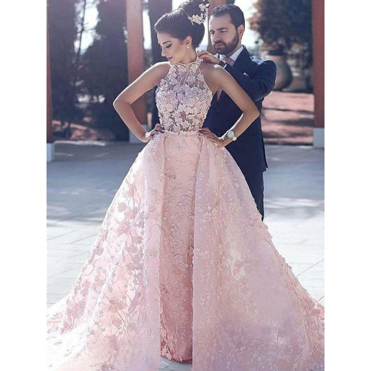 Halter Wedding Dresses Pink Long Evening Luxury Halter Wedding Dresses Pink Long Evening Luxury Embroidery Organza Prom Dress
